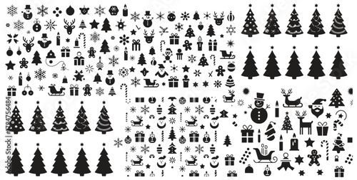 Colorful Christmas Tree Silhouette Set, Red Green Blue Black Vector Icons