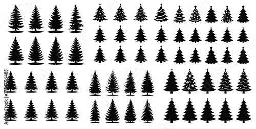 Colorful Christmas Tree Silhouette Set, Red Green Blue Black Vector Icons
