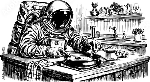 Astronaut cooking in a vintage kitchen. Detailed black line drawing, vector illustration showcasing kitchenware and food preparation in a retro style.