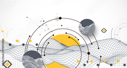 Abstract composition with wireframe wave, dots, and lines. Vector.