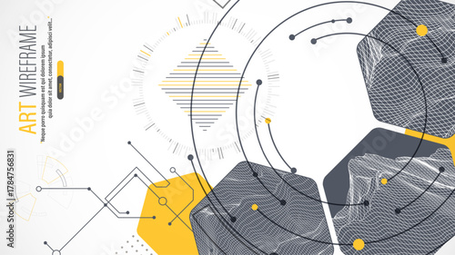 Minimal abstract composition with wireframe mountains, geometric hexagons, dots, and lines.