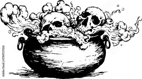 Vintage pot with skulls and swirling smoke. Line drawing illustration set of a spooky and mystical mixture.