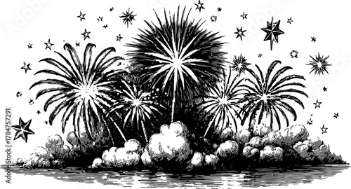 Vintage fireworks illustration with black outline art. Detailed vector illustration set featuring celebration elements, including stars and clouds.