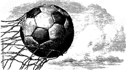 Vintage soccer ball illustration in outline style. Dynamic vector graphic featuring monochrome design, perfect for sports-related artwork.