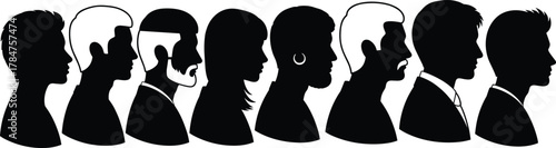 Diverse human profile silhouettes, black vector heads, multicultural people icons, side view faces, minimal design, flat illustration, cad drawing, stock art