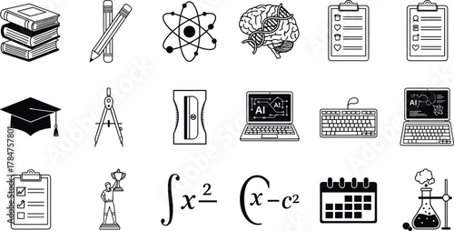 Education, science, technology, AI, math, checklist, books, brain, laptop, graduation, calendar, trophy, vector icon set, academic tools