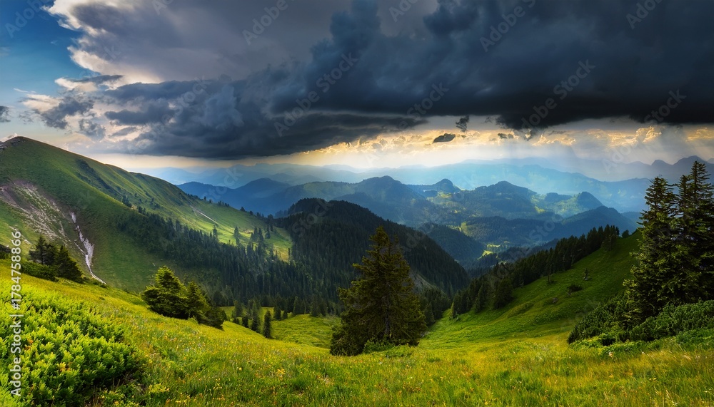 Fototapeta premium Mountain Landscape In The Alps Dark Clouds Thunderstorm Over The Mountain Samer In Summer Samerberg Bavaria