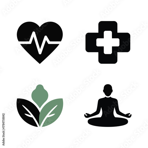 Health, medical, wellness, heart pulse logo icon set vector