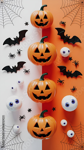 Creative three dimensional vertical Halloween setup featuring pumpkins spiderwebs eyeballs and bats arranged on an orange and white background for festive promotions
