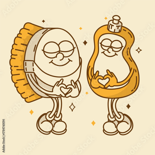 Cute dish brush & detergent bottle mascots. Retro kitchen cleaning duo in sustainable vector illustration