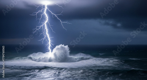 Fototapeta Naklejka Na Ścianę i Meble -  Lightning strikes the ocean during a storm with dark clouds above the sea