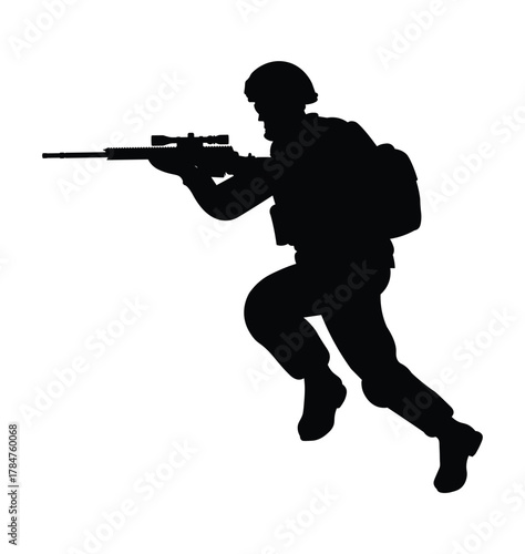 Running Armed Soldier Silhouette. Sniper and Military Troops Vector Illustration