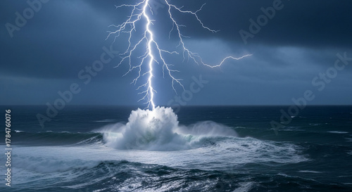 Fototapeta Naklejka Na Ścianę i Meble -  Lightning strikes the ocean during a storm with dark clouds above the sea