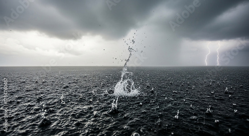 Fototapeta Naklejka Na Ścianę i Meble -  Dramatic seascape featuring a lightning storm over a turbulent ocean surface