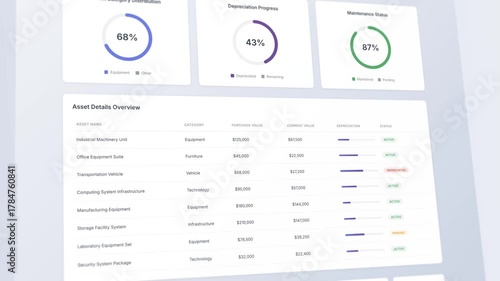 Asset depreciation schedule dashboard with tracking metrics and value analysis display