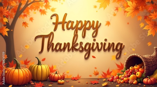 Charming Thanksgiving Day vector background, showcasing Happy Thanksgiving lettering in modern script, surrounded by hand-drawn autumn illustrations — leaves, berries, pies, and candles — arranged 