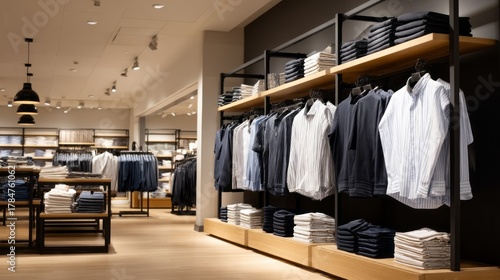 Inside a contemporary mens clothing store, neatly arranged shelves showcase a variety of stylish shirts and folded pants