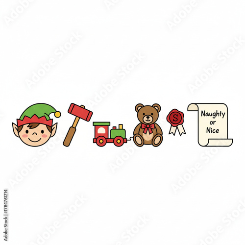 Whimsical Christmas Icons Featuring an Elf, Toy Train, Teddy Bear, Wax Seal, and Naughty or Nice List