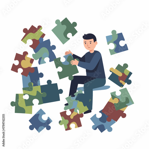 Puzzle pieces surround a man sitting contemplatively, holding a piece, hinting at problem-solving, solution-seeking, and feeling stuck with colorful puzzle elements.