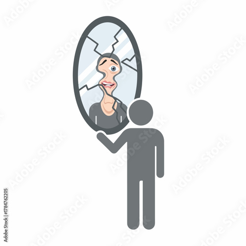 Stick figure looking into a cracked mirror, seeing a distorted and unhappy reflection, representing identity crisis, broken self-image, and mental health issues.