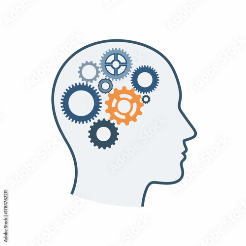 Human head silhouette filled with gears of different sizes, representing thoughts, idea generation, problem solving and mental processes on a white background.