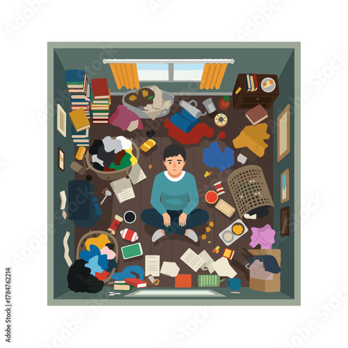 Depressed man sitting cross-legged on the floor of a messy room, surrounded by clutter, trash, and unorganized belongings in the poorly maintained untidy space.