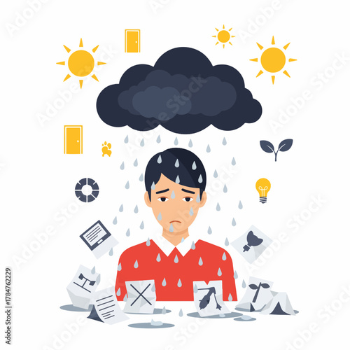 Man standing under a rain cloud with sun shining in the background, depicting sadness, depression, career setback with crumpled papers and symbols around him.