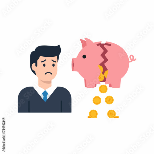 Broken pink piggy bank with falling gold coins, standing next to a sad businessman, illustration of financial problems and bankruptcy.