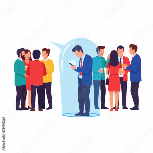 Businessman using a mobile phone, isolated in a thought bubble, while others socialize at a party; concept for social anxiety, isolation, or technology dependence in social situations.