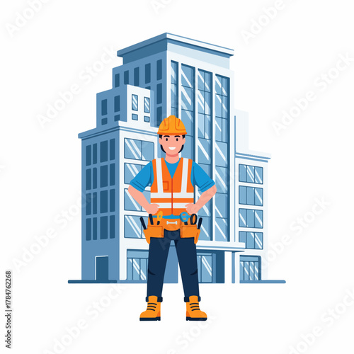 Construction worker wearing a safety vest and hard hat, standing in front of a modern office building with a tool belt filled with building equipment.