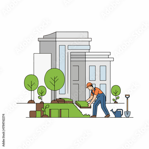 Gardner is installing grass sod near a modern building, with trees, plants, shovel and watering can around him, showcasing landscaping and garden design.