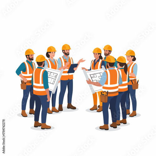 Construction workers in hard hats and safety vests reviewing blueprints, standing in a circle, teamwork and collaboration on a building project, isolated.