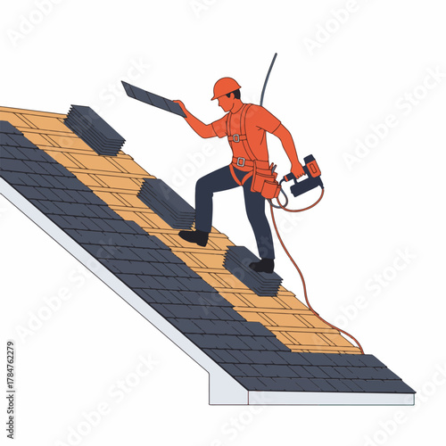 Roofer installing shingles on a roof, wearing a safety harness and helmet, using a nail gun on a sunny day, vector illustration.