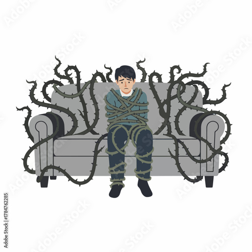 Man wrapped in thorny vines, sitting on a couch, with a sad expression, symbolizing emotional entrapment, constraint, struggle, isolation, depression, or psychological pain.