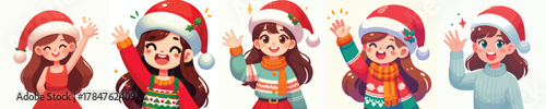 vector of a little girl in a Christmas hat waving