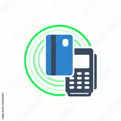 Credit card next to a POS terminal surrounded by green wave rings, contactless payment technology for retail and online purchasing, modern icon on white background.