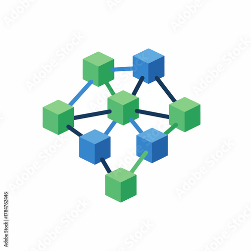 Cubes connected by lines in a network, a minimalist isometric view of green and blue blocks representing a data structure on a white background.