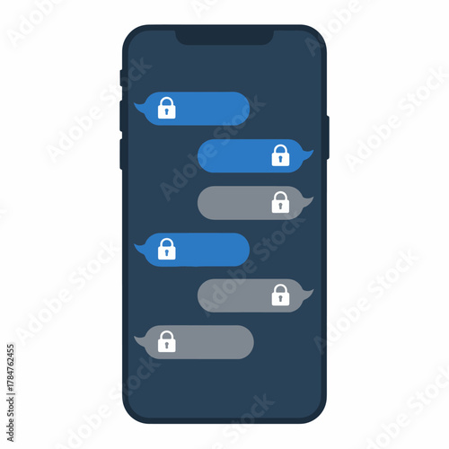 Smartphone displaying a secure messaging application, with locked messages in blue and grey chat bubbles against a dark blue phone background.