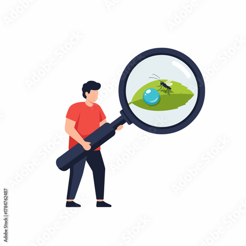 Man holds a magnifying glass over a leaf with a water droplet and insect on it, isolated on white, inspecting nature, in vector illustration style.