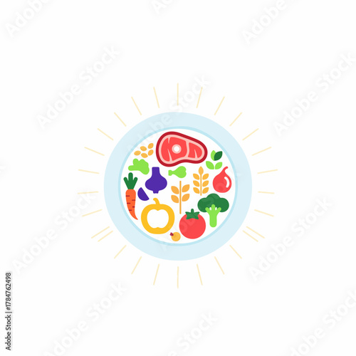 Plate of healthy food, including steak, broccoli, tomato, carrot, grain, pepper, plum, squash, and peas, on a white background with light yellow lines.