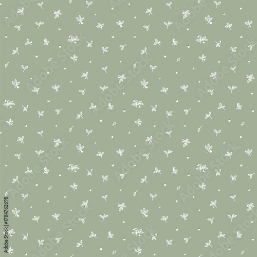 Tiny flower pattern, floral seamless pattern, cottagecore ditsy tile print, gentle white flower print on green background. Small flower, green tone style design for fashion, texture, fabric, wallpaper
