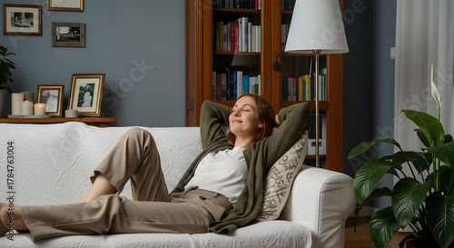 Relaxed woman unwinding on a comfortable white couch in a cozy living room. A peaceful moment of self-care and tranquility at home, eyes closed and hands behind head.