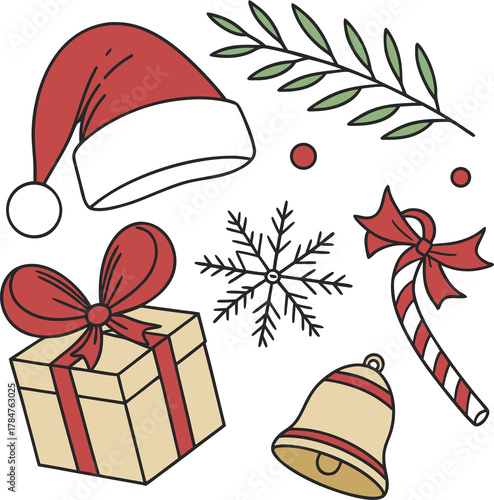 Christmas 2026 decorative clipart — santa hat, candy cane, red ribbon bow, snowflake, jingle bell, gift box, ornament ball — in modern flat vector style, transparent background, festive color palette 