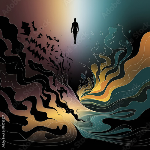 Abstract dark theme illustration featuring a floating human silhouette surrounded by evolving wave patterns symbolizing transformation and inner strength
