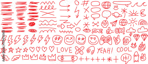 Collection of red hand drawn doodle elements and symbols A vibrant collection of red hand-drawn doodles, featuring various symbols, smiley faces, hearts, and text elements.