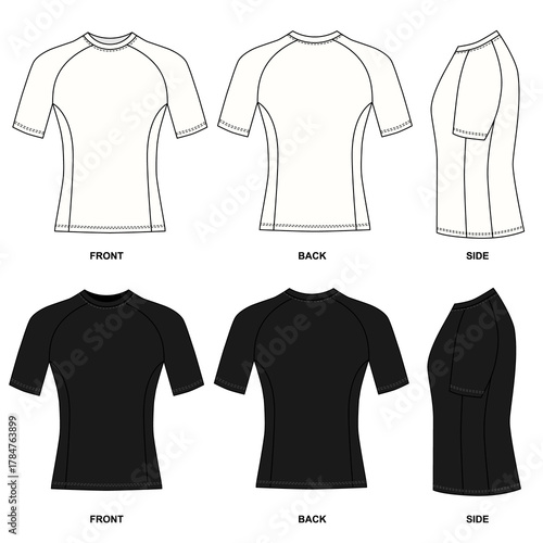 illustration of a rash guard with short sleeves, front, back, and side views. Blank jersey template for active wear. Set of white and black T-shirt sketches.