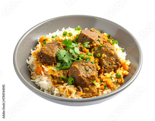A bowl of flavorful rice topped with spicy lentil and vegetable curry garnished with fresh cilantro