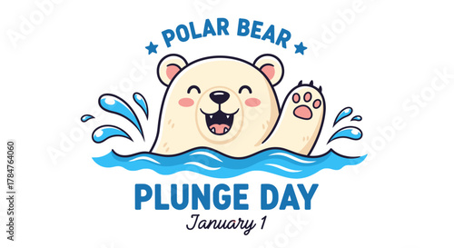 Polar bear plunge day january first new year event cold water swim challenge cartoon illustration graphic