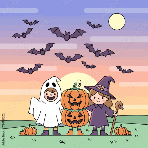 Cute Halloween Kids in Costumes with Pumpkins and Bats at Sunset. Adorable Ghost and Witch with Jack-o'-Lanterns.