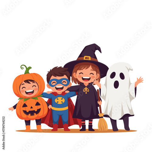 Happy Kids in Halloween Costumes: Pumpkin, Superhero, Witch, and Ghost Friends Smiling